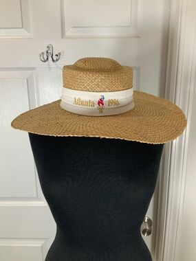 Vintage Atlanta 1996 Olympics Straw Boater Hat Wide Brim Olympic Torch USA